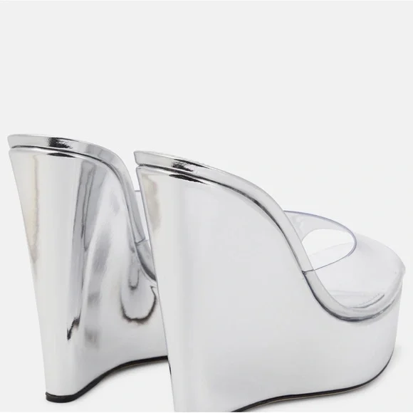 Paris Texas Lidia Metallic Leather Mules  Silver Cinderella Wedge - Picture 2 of 6